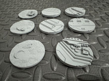 Load image into Gallery viewer, 8 x 55mm Sci-Fi Industrial Round Bases for Miniatures - 3d Printed Tabletop Terrain
