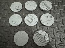 Load image into Gallery viewer, 8 x 55mm Sci-Fi Industrial Round Bases for Miniatures - 3d Printed Tabletop Terrain