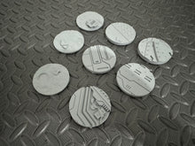 Load image into Gallery viewer, 8 x 55mm Sci-Fi Industrial Round Bases for Miniatures - 3d Printed Tabletop Terrain