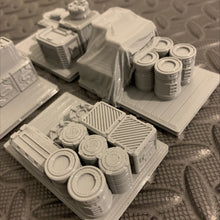 Load image into Gallery viewer, Tycho Starport Cargo Crates Barrels Containers Terrain Scenery  SciFi Wargaming 28mm 3d Printed Props