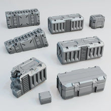 Load image into Gallery viewer, Shipping Container and Sci Fi Cargo Pack of 8 - 28mm - 32mm 3D Printed in Grey
