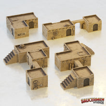 Load image into Gallery viewer, 28mm Desert Settlement Sci-Fi Dwellings Adobe Buildings Scenery Scatter Terrain 3D Printed