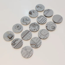 Load image into Gallery viewer, 15 x 40mm Sci-Fi Industrial Round Bases for Miniatures - 3d Printed Tabletop Terrain