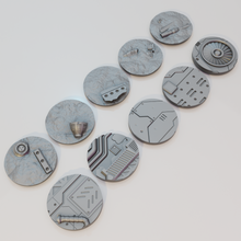 Load image into Gallery viewer, 10 x 50mm Sci-Fi Industrial Round Bases for Miniatures - 3d Printed Tabletop Terrain