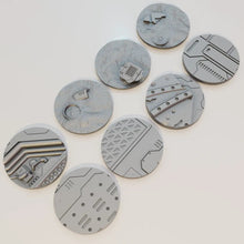 Load image into Gallery viewer, 8 x 55mm Sci-Fi Industrial Round Bases for Miniatures - 3d Printed Tabletop Terrain