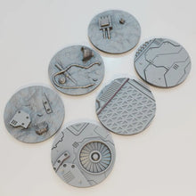 Load image into Gallery viewer, 6 x 70mm Sci-Fi Industrial Round Bases Miniatures - 3d Printed Tabletop Terrain