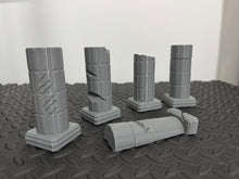 Load image into Gallery viewer, Battle Scarred Stone Columns - Ruined Block Pillars 28mm Scatter Terrain Scenery
