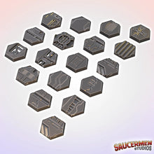 Load image into Gallery viewer, Hex Bases for Miniatures 18 x 30mm - Sci-Fi Industrial Base Toppers 3D Printed