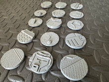 Load image into Gallery viewer, 15 x 40mm Sci-Fi Industrial Round Bases for Miniatures - 3d Printed Tabletop Terrain