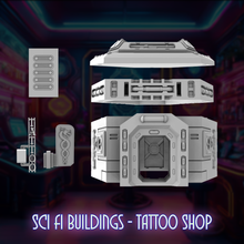 Load image into Gallery viewer, Futuristic Tattoo Shop Sci-Fi 28mm 3D Printed in Grey Cyberpunk Style