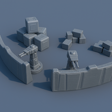 Load image into Gallery viewer, Desert Scatter Terrain Sci Fi Style Containers Gun Turrets 28mm 3D Printed
