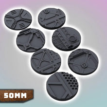 Load image into Gallery viewer, 7 x 50mm Factory Industrial Round Bases Miniatures - 3d Printed Base Toppers
