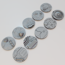 Load image into Gallery viewer, 10 x 50mm Sci-Fi Industrial Round Bases for Miniatures - 3d Printed Tabletop Terrain
