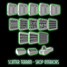 Load image into Gallery viewer, Sci-fi Scatter Terrain Pack - 16 x Shop Interiors - 28mm - 32mm 3D Printed
